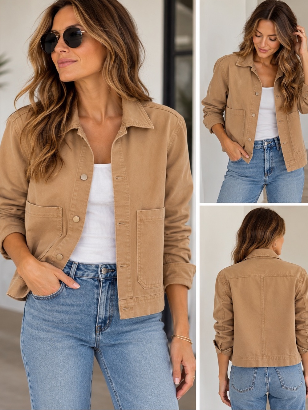 DL1961 Tilda Shirt Jacket Khaki Tan Cropped Utility Chore Jacket